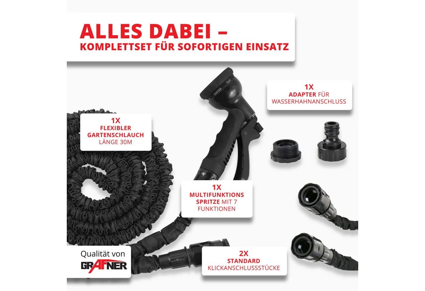 Grafner Flexibler Gartenschlauch 30m Schwarz mit Multifunktionsbrause