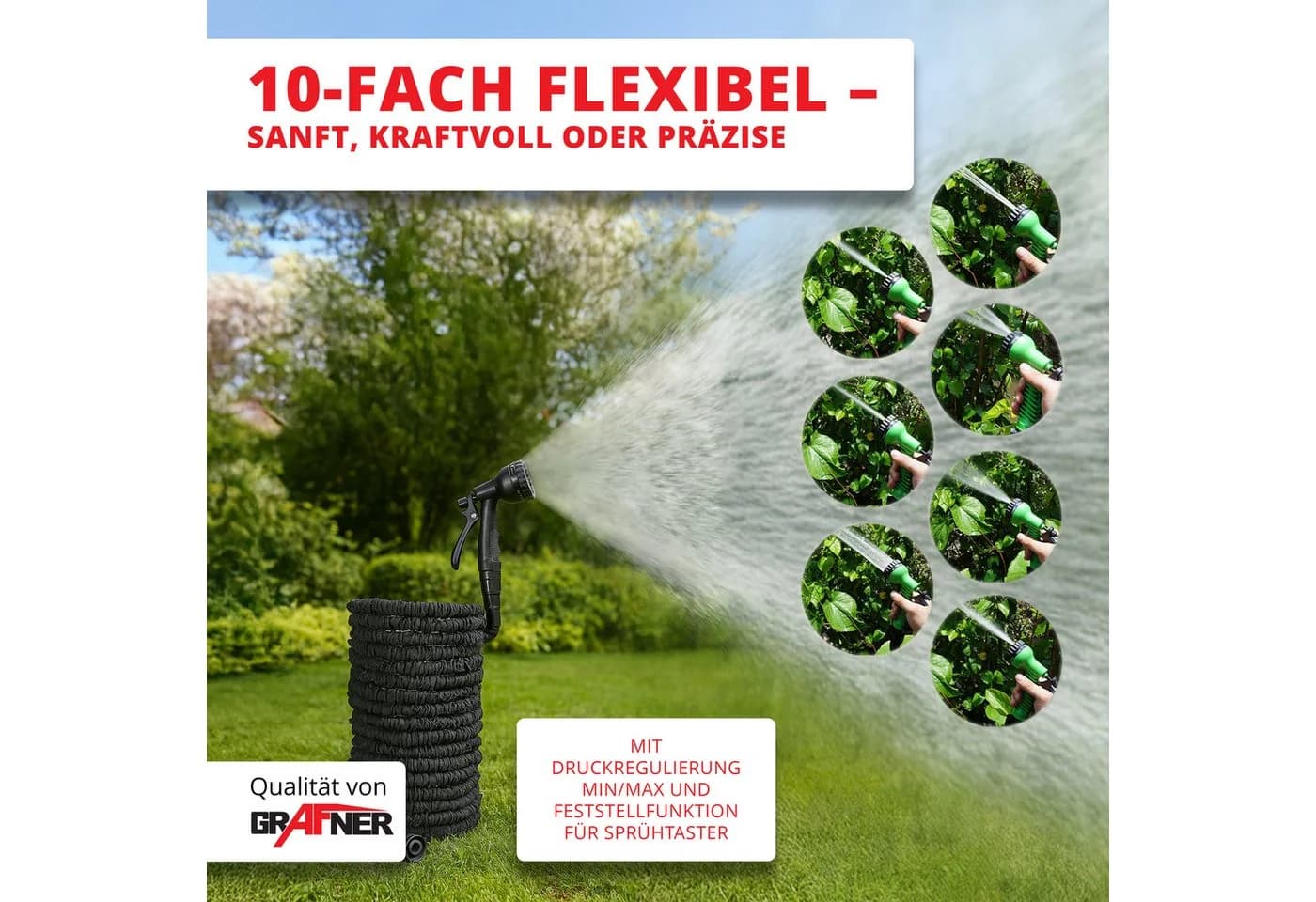 Grafner Flexibler Gartenschlauch 30m Schwarz mit Multifunktionsbrause - Bild 4