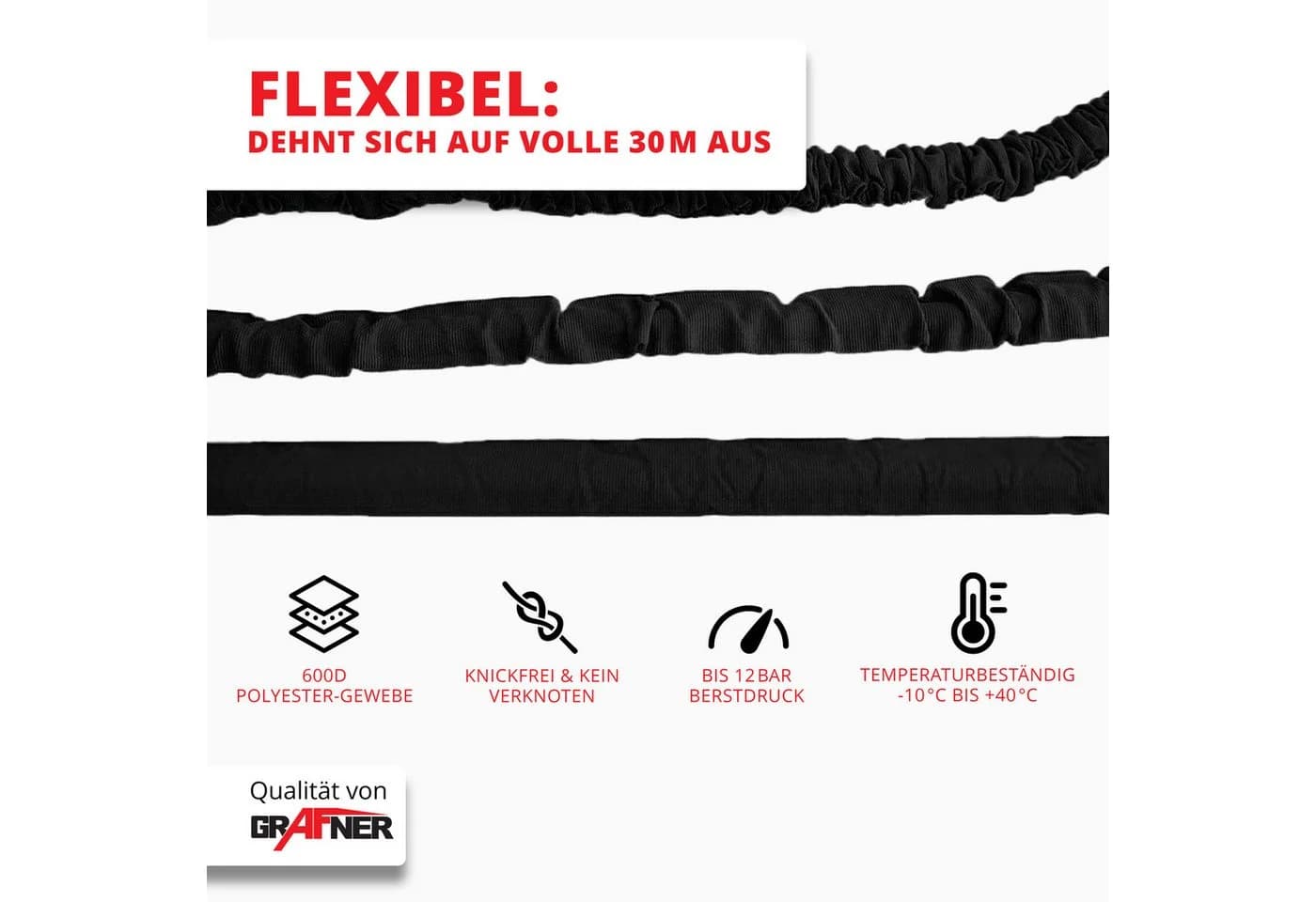 Grafner Flexibler Gartenschlauch 30m Schwarz mit Multifunktionsbrause - Bild 5