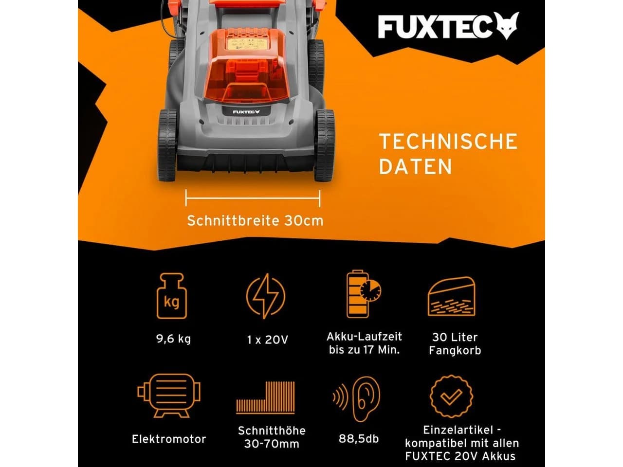 FUXTEC Akkurasenmäher 20V 30cm Schnittbreite Schwarz