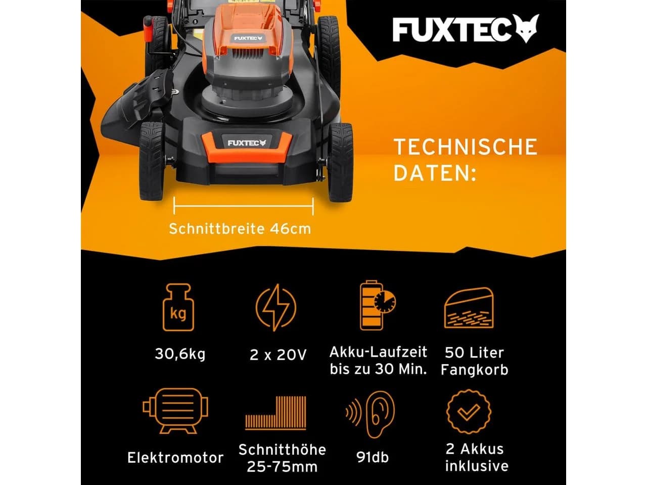 FUXTEC Elektrorasenmäher FX-RME43 43 cm Schnittbreite 45 L Fangkorb 1200 Watt