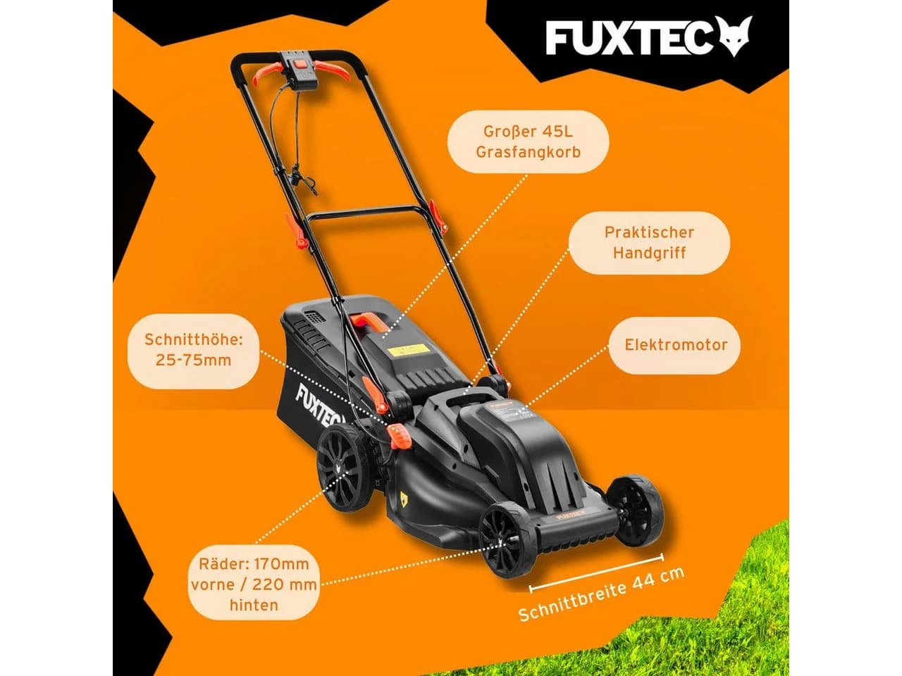 FUXTEC Elektrorasenmäher FX-RME43 43 cm Schnittbreite 45 L Fangkorb 1200 Watt - Bild 4