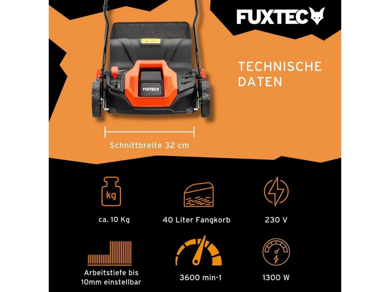 FUXTEC Elektro-Vertikutierer FX-EV320ECO 32 cm Arbeitsbreite 1300W Motor