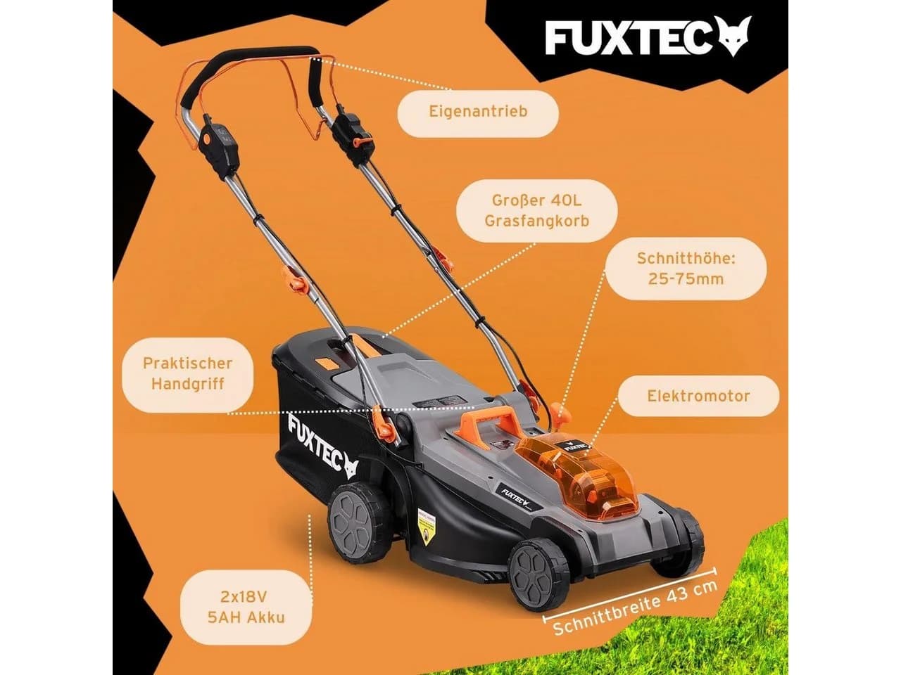 FUXTEC Akkurasenmäher FX-E2RM43PROSET 43 cm Schnittbreite 40V