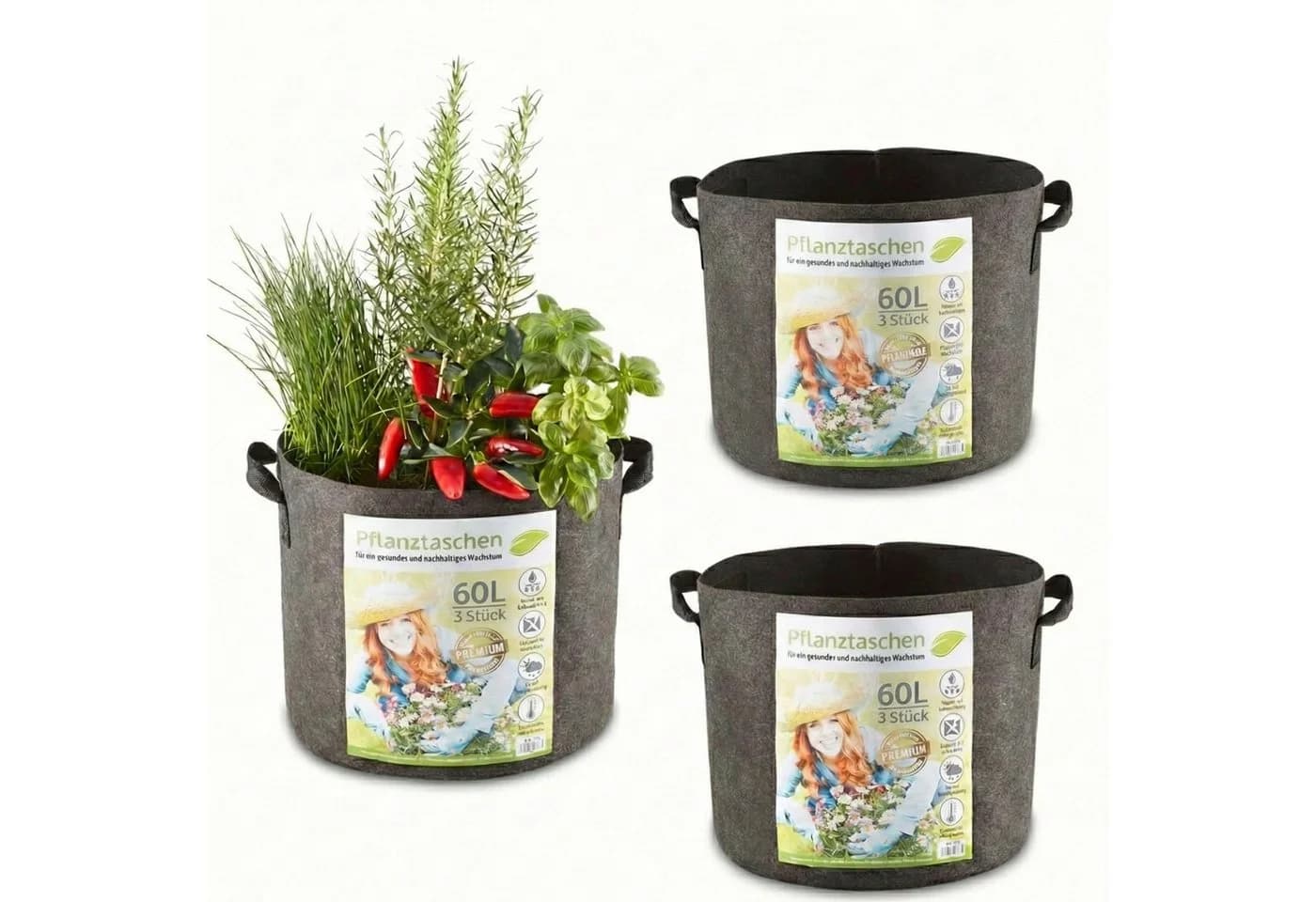 Zooprinz Pflanztaschen 3er Set 30L 60L Vliesstoff UV-beständig - Bild 2