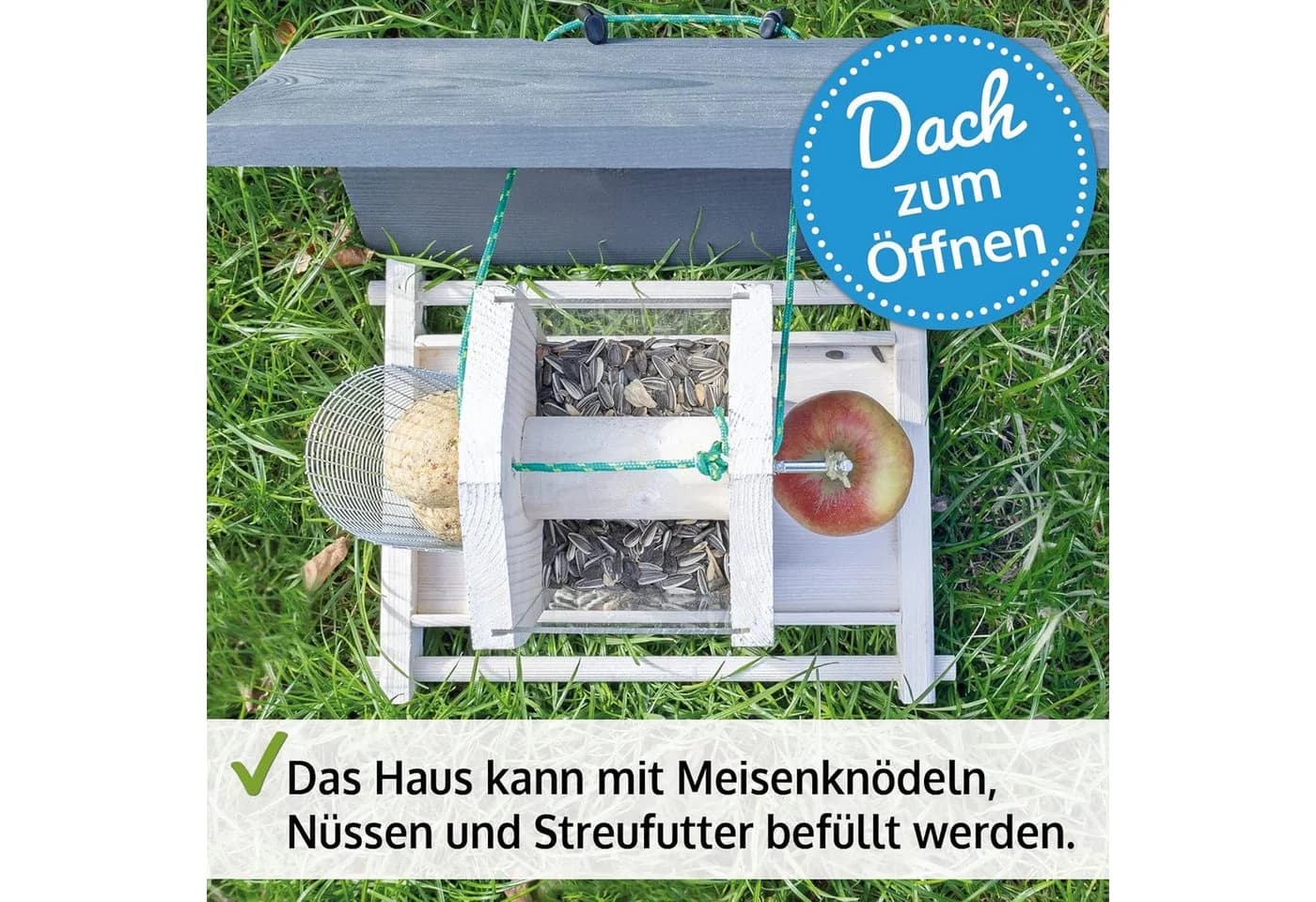 Zooprinz Vogelhaus Bird Kitchen mit Sitzstangen, Schutzdach, Seil für Wildvögel, Plexiglasscheiben, wetterfestes Vollholz - Bild 4