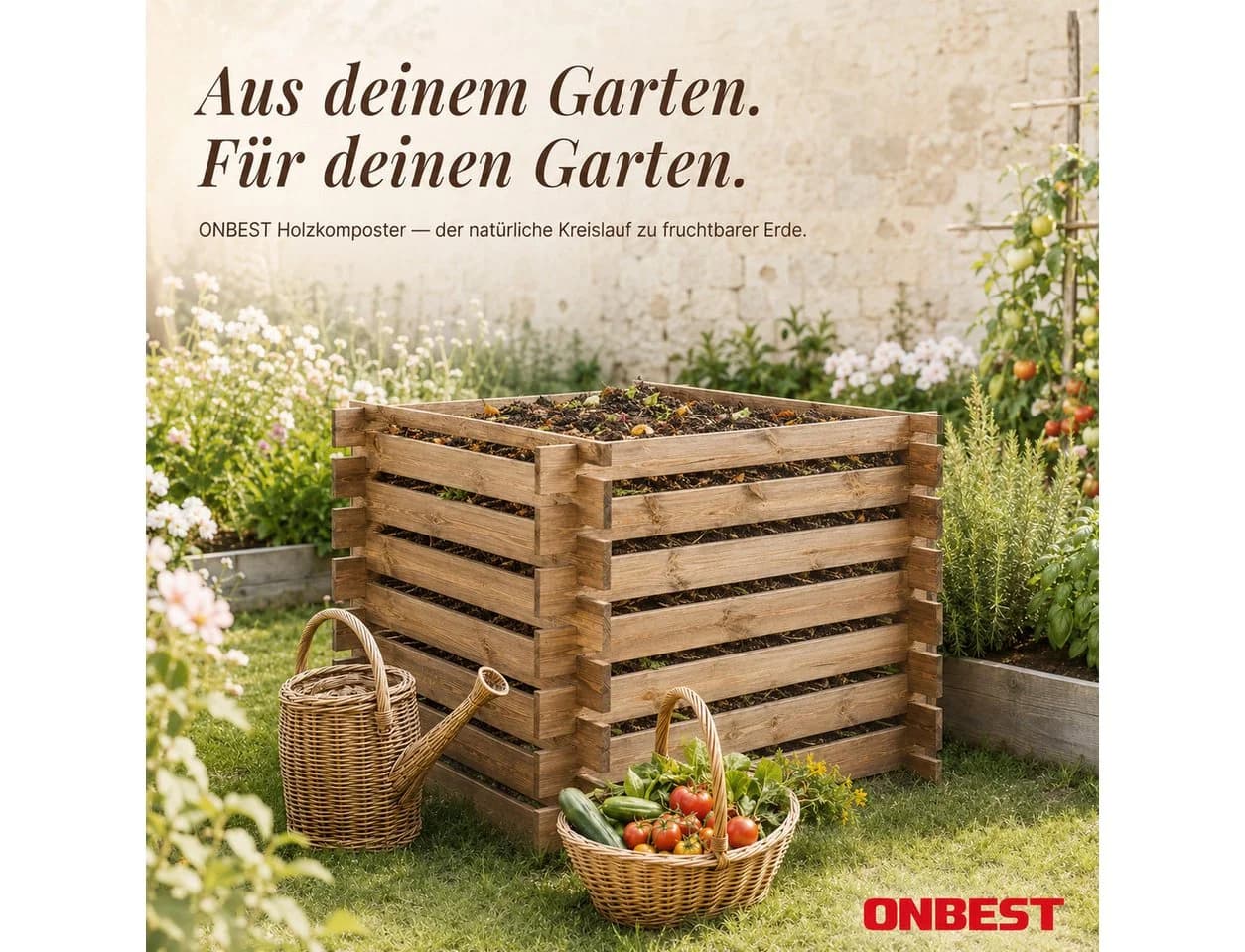 ONBEST Holzkomposter 520L FSC-Holz Stecksystem Braun
