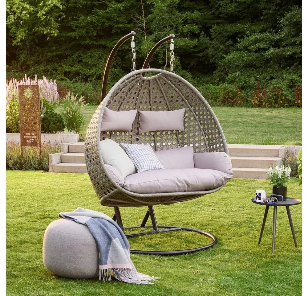 HOME DELUXE Hängesessel TWIN Polyrattan Grau/Schwarz mit Gestell
