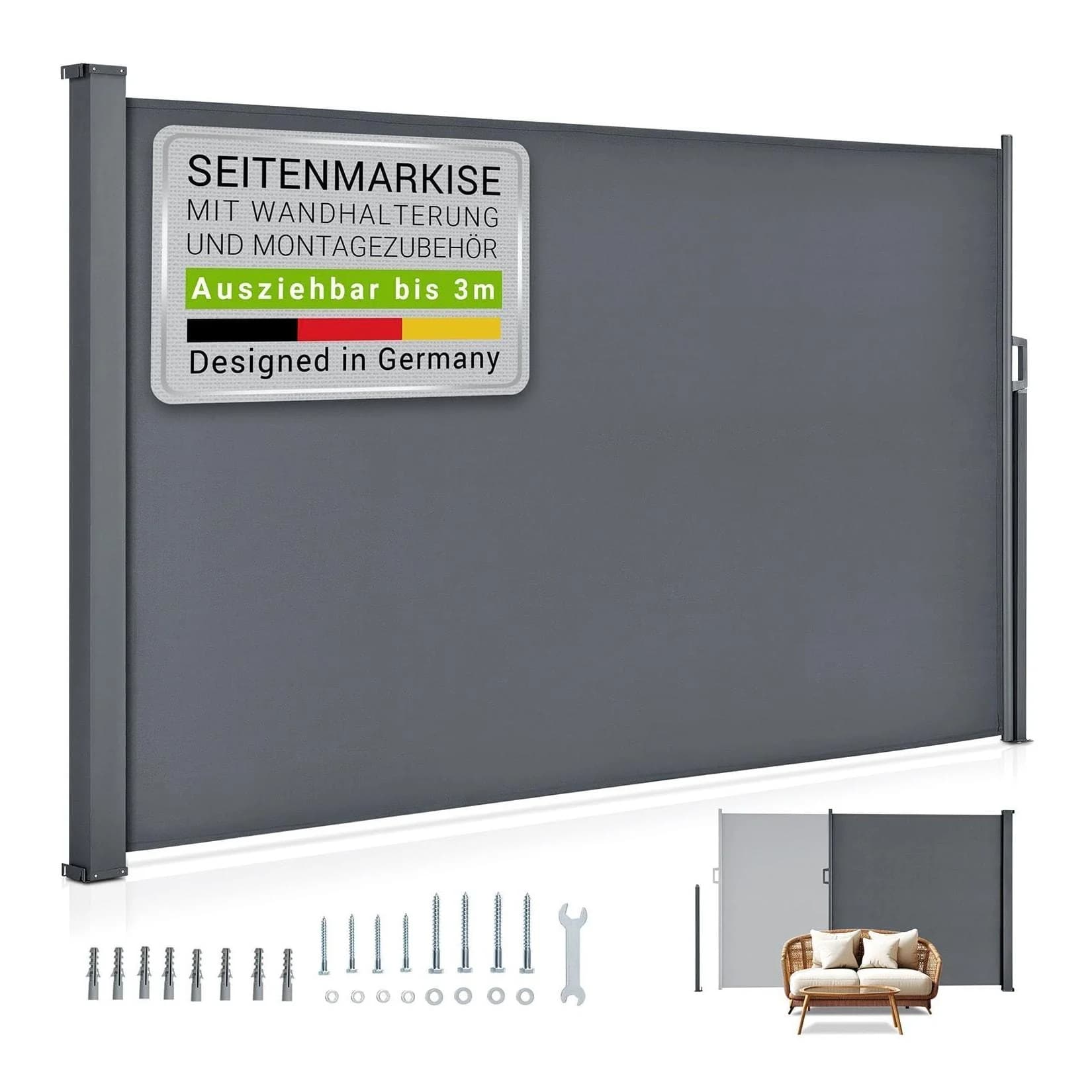 Juskys Seitenmarkise Dubai 300x190 cm ausziehbar blickdicht anthrazit