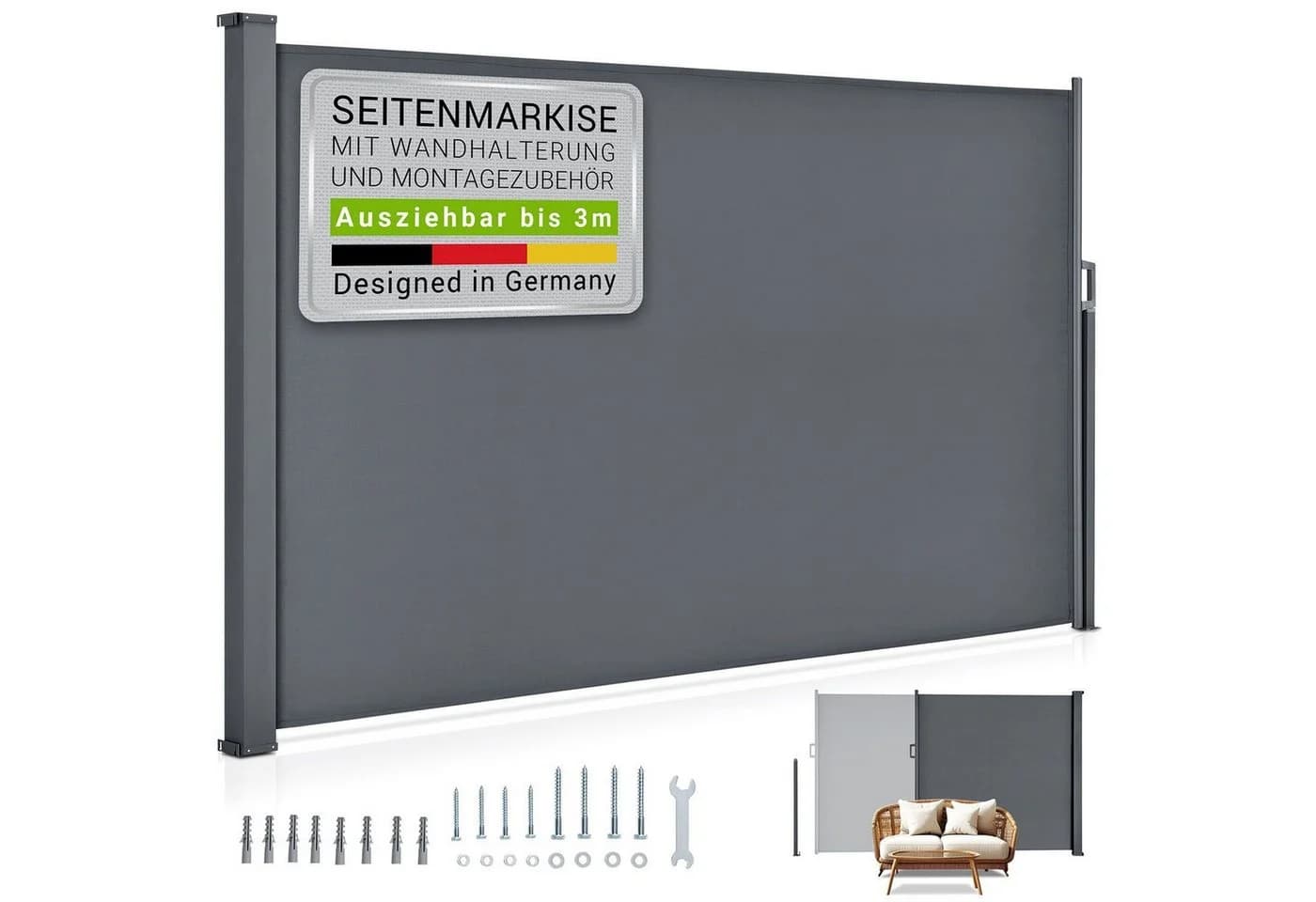 Juskys Seitenmarkise Dubai 300x190 cm ausziehbar blickdicht anthrazit - Bild 3
