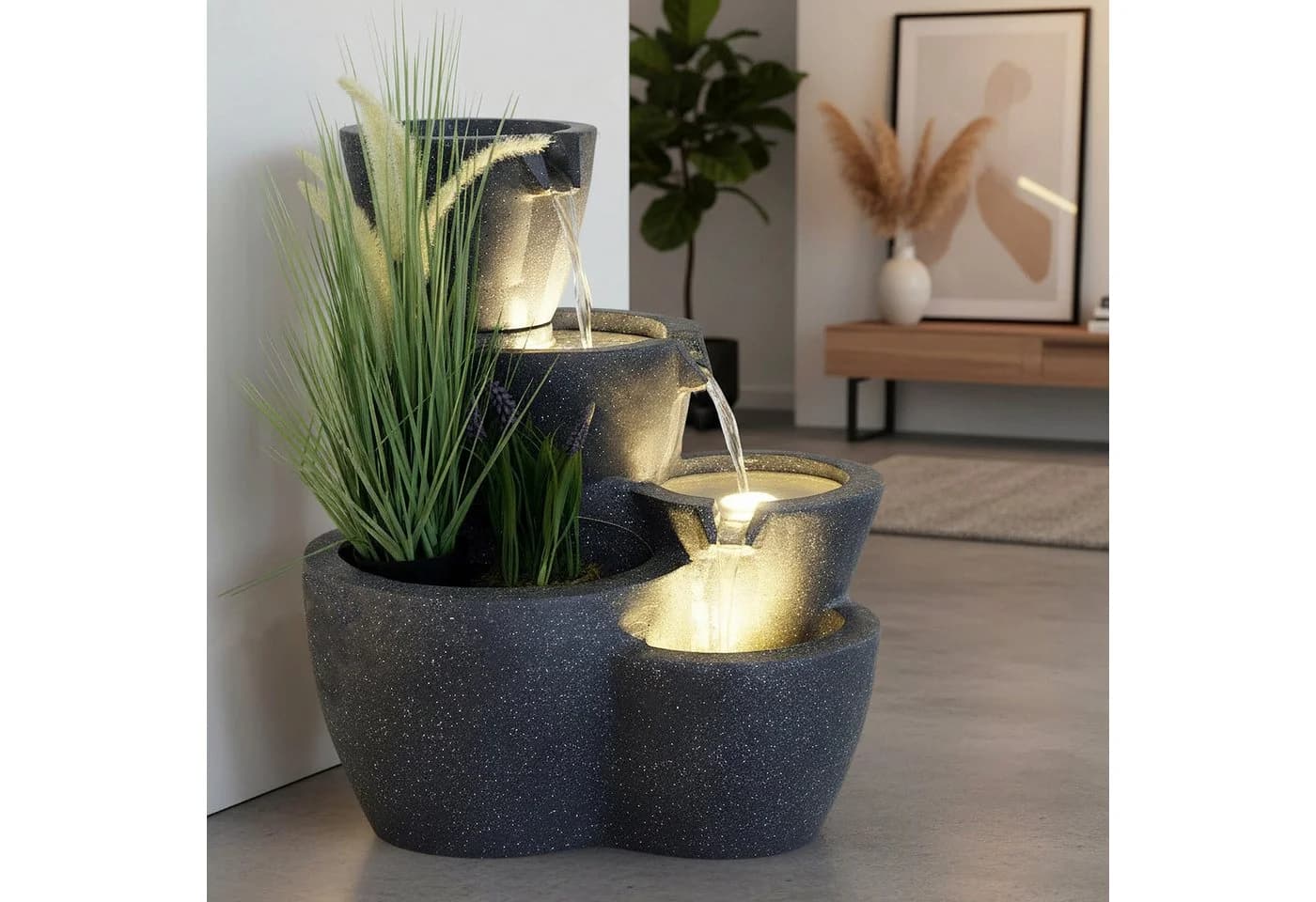 Arnusa Gartenbrunnen Botana Warm-Weiß Kaskade Bepflanzbar mit Beleuchtung