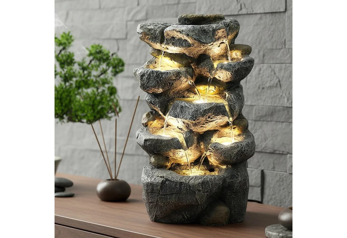 Arnusa Gartenbrunnen BK802 mit LED Beleuchtung - Wetterfest Kunststein