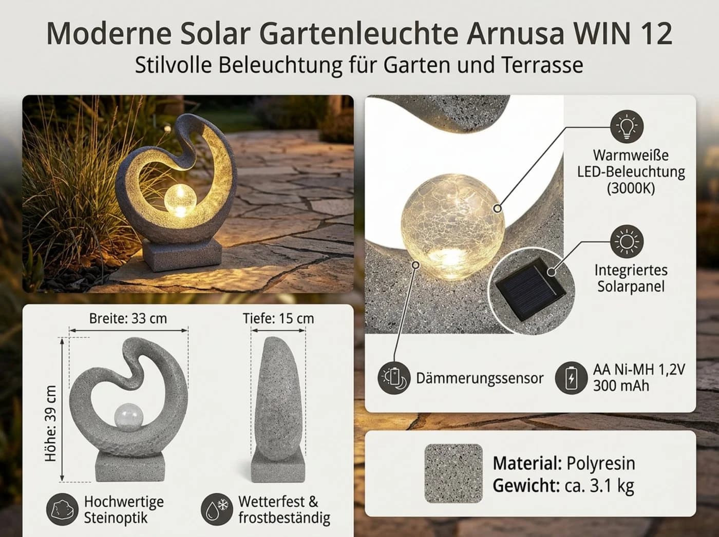 Arnusa LED Solarleuchte Gartenfigur Granit-Optik - Bild 3