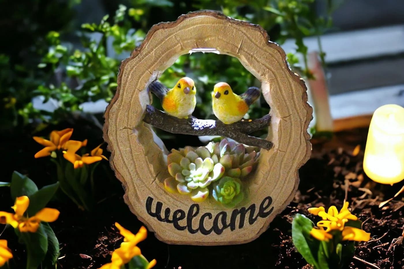 Arnusa Gartenfigur Solar Welcome Schild Gartendeko beleuchtet Holzoptik - Bild 4