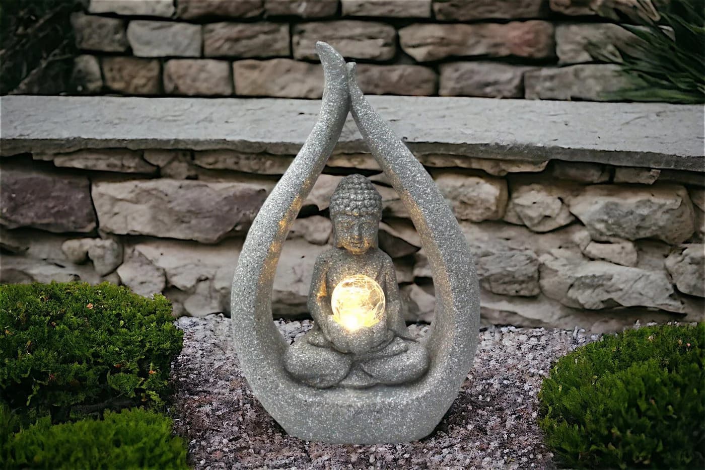 Arnusa Solarleuchte Buddha Granit-Optik mit Glaskugel