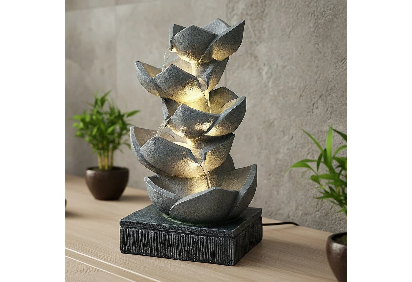 Arnusa Zimmerbrunnen BK901 mit LED Beleuchtung Grau Polyresin