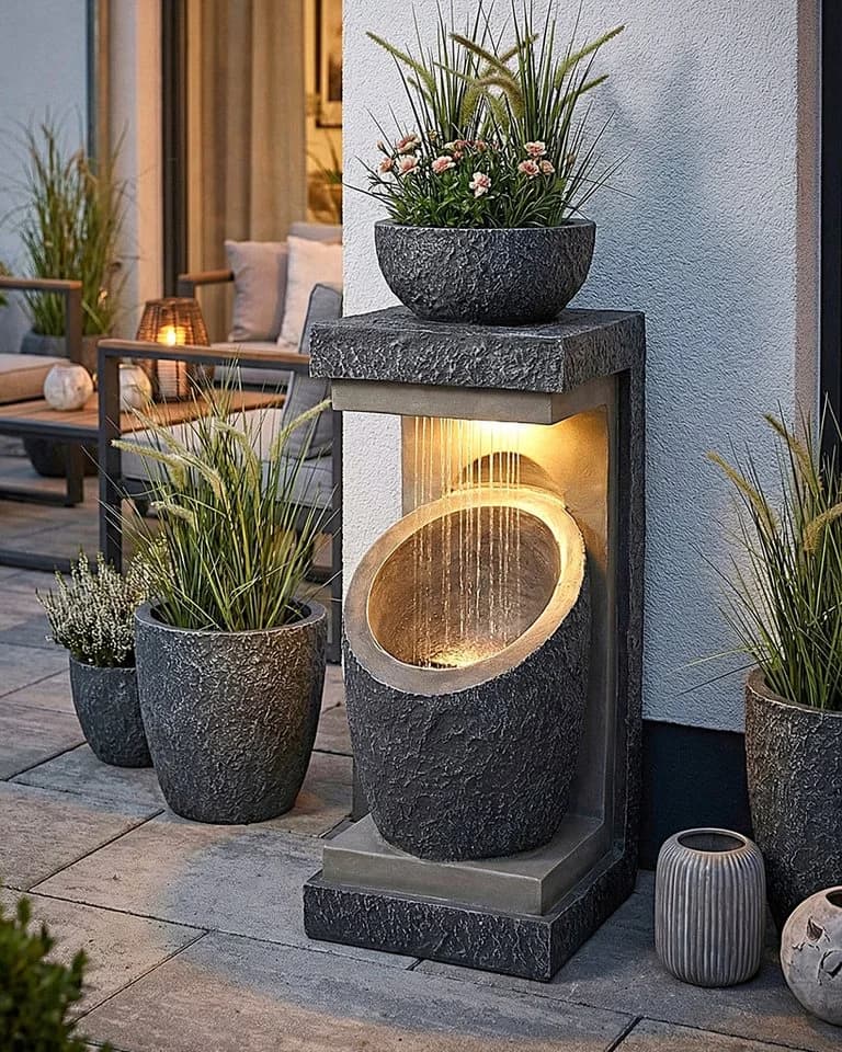 Arnusa Gartenbrunnen modern mit LED Beleuchtung Steinoptik Grau