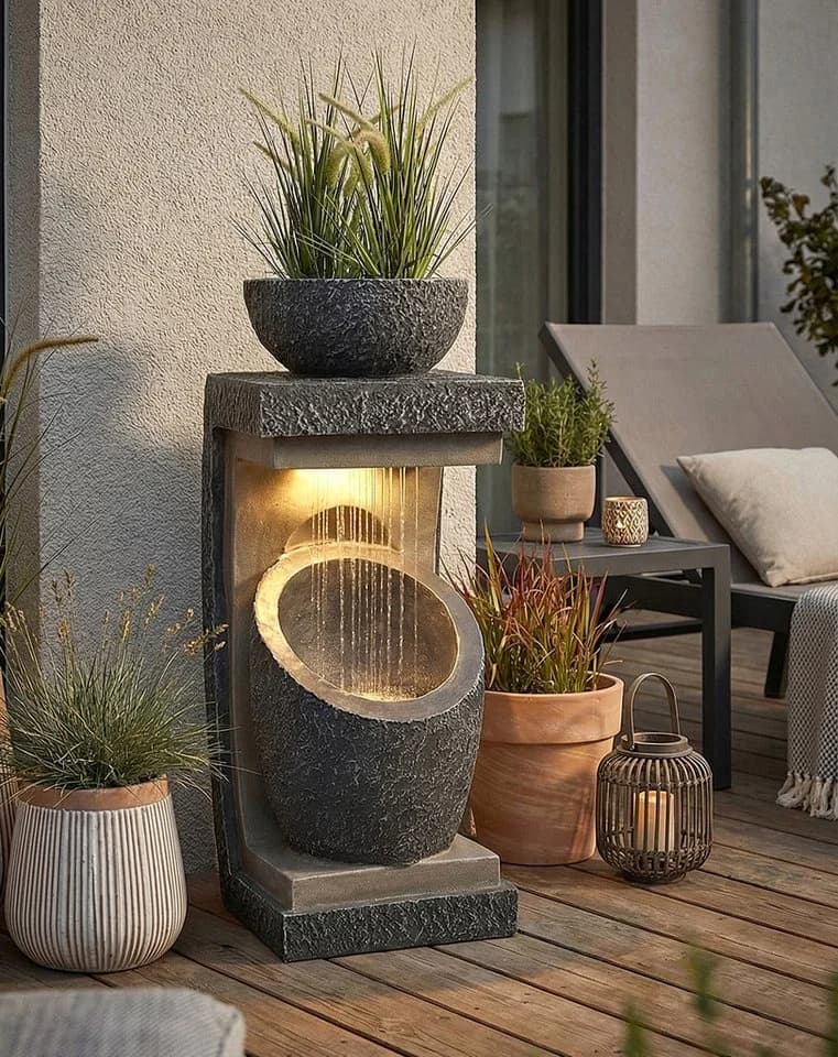 Arnusa Gartenbrunnen modern mit LED Beleuchtung Steinoptik Grau - Bild 3