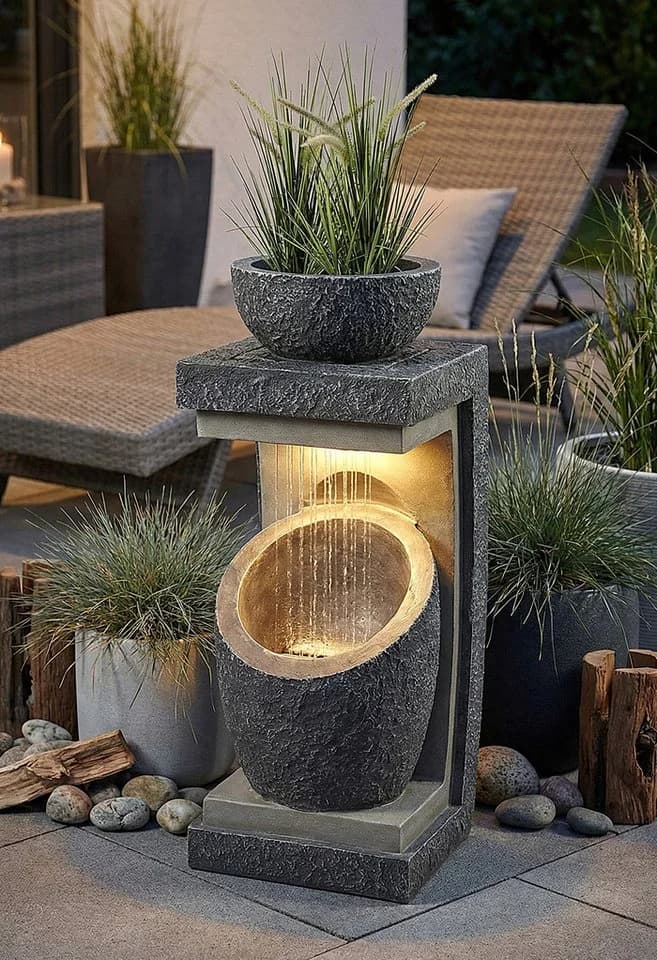 Arnusa Gartenbrunnen modern mit LED Beleuchtung Steinoptik Grau - Bild 4