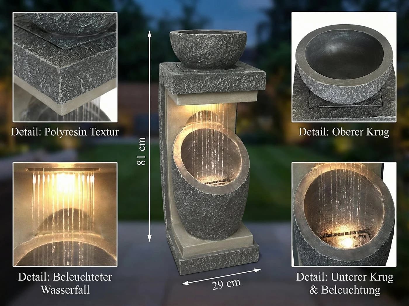 Arnusa Gartenbrunnen modern mit LED Beleuchtung Steinoptik Grau - Bild 5