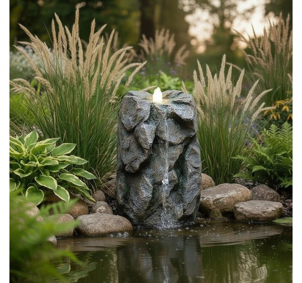 Arnusa Gartenbrunnen Quellstein mit LED Beleuchtung Grau