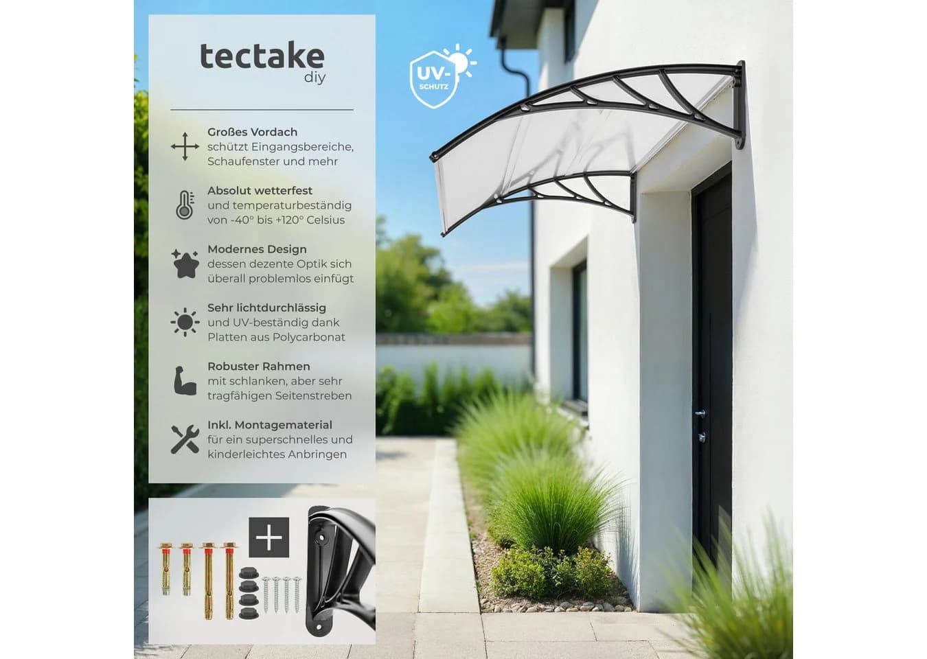 tectake Anbaudach Vordach transparent, wetterfest und UV-beständig, 120 x 93 cm, in Bogenform für Haustier, Balkon und Garten - Bild 2
