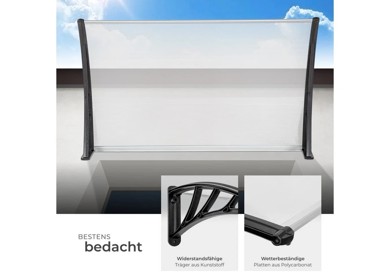 tectake Anbaudach Vordach transparent, wetterfest und UV-beständig, 120 x 93 cm, in Bogenform für Haustier, Balkon und Garten - Bild 5
