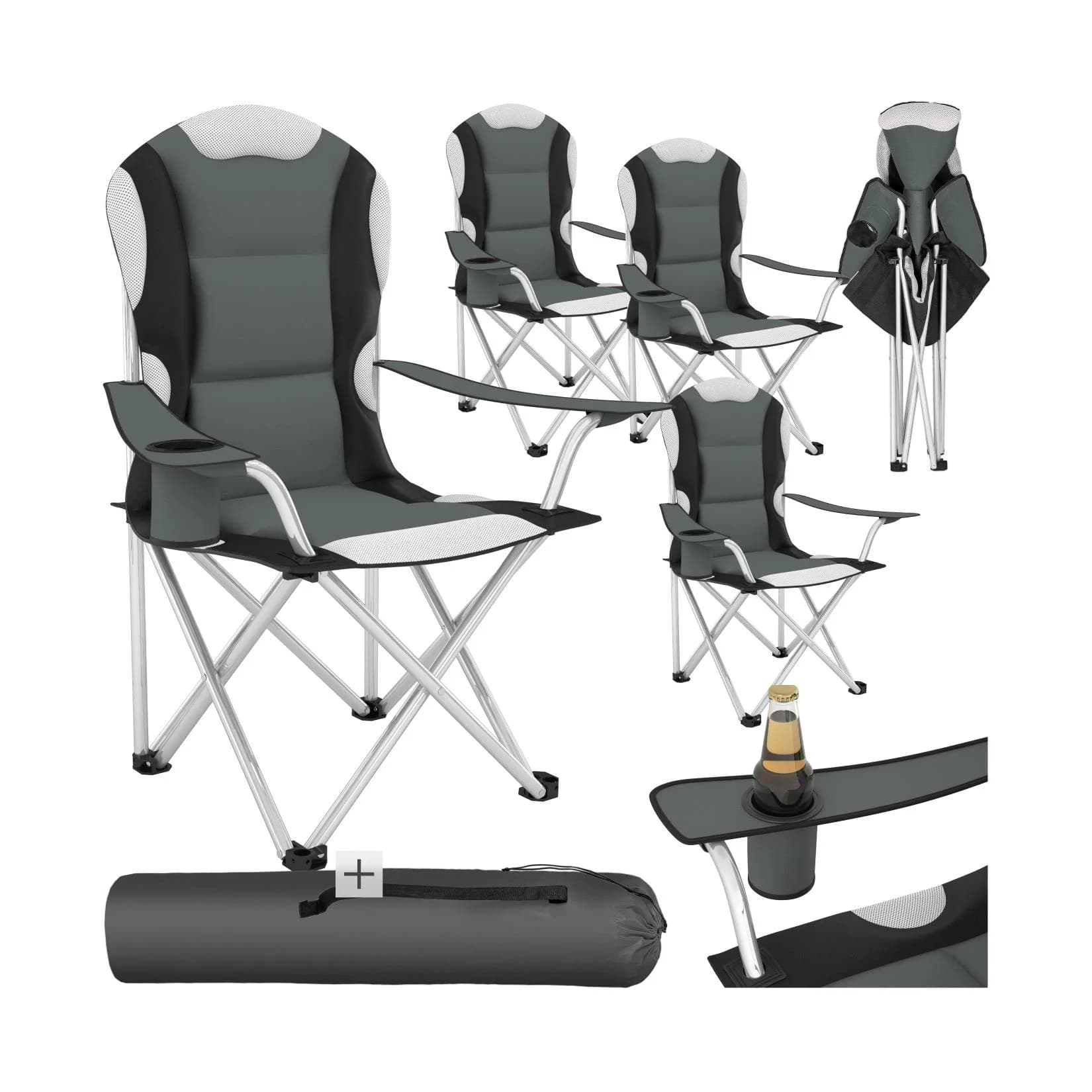 tectake Campingstuhl 4er Set Grau Gepolstert mit Getränkehalter