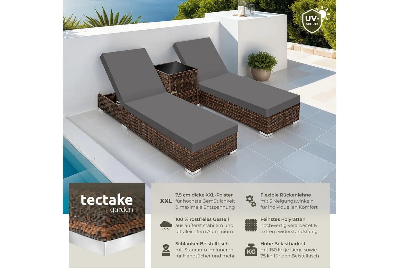 TECTAKE Gartenliege Rattan Sonnenliege Braun mit 2 Bezugssets - Bild 2
