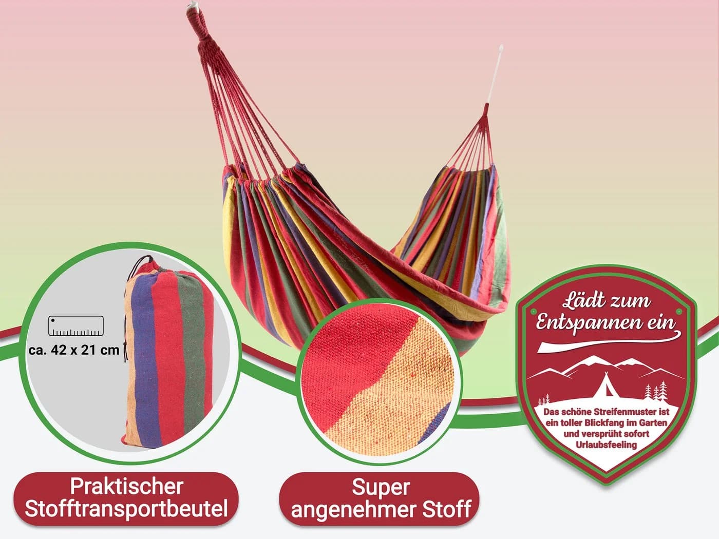 ZOLLNER Hängematte Rot Inklusive Tasche und Seile - Bild 4