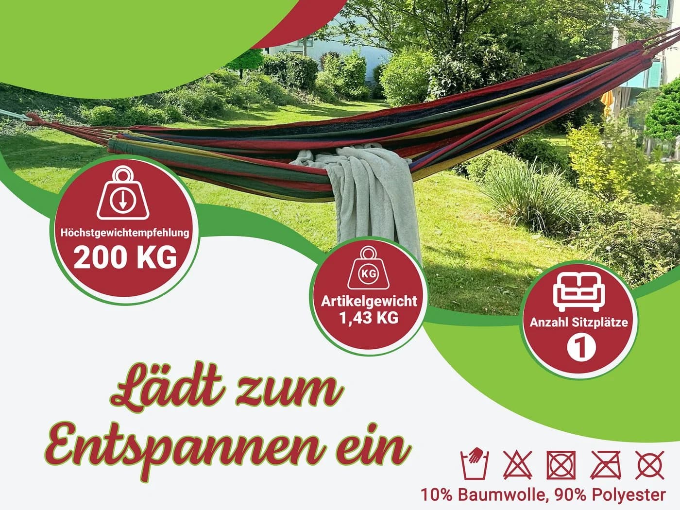 ZOLLNER Hängematte Rot Inklusive Tasche und Seile - Bild 5