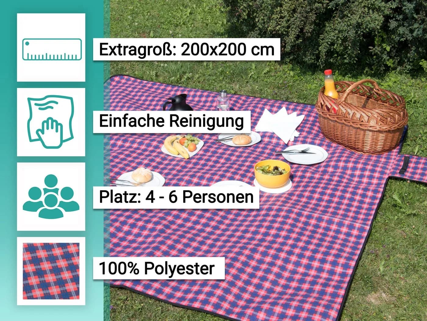 ZOLLNER24 Picknickdecke 200x200 cm Wasserdicht Isolier