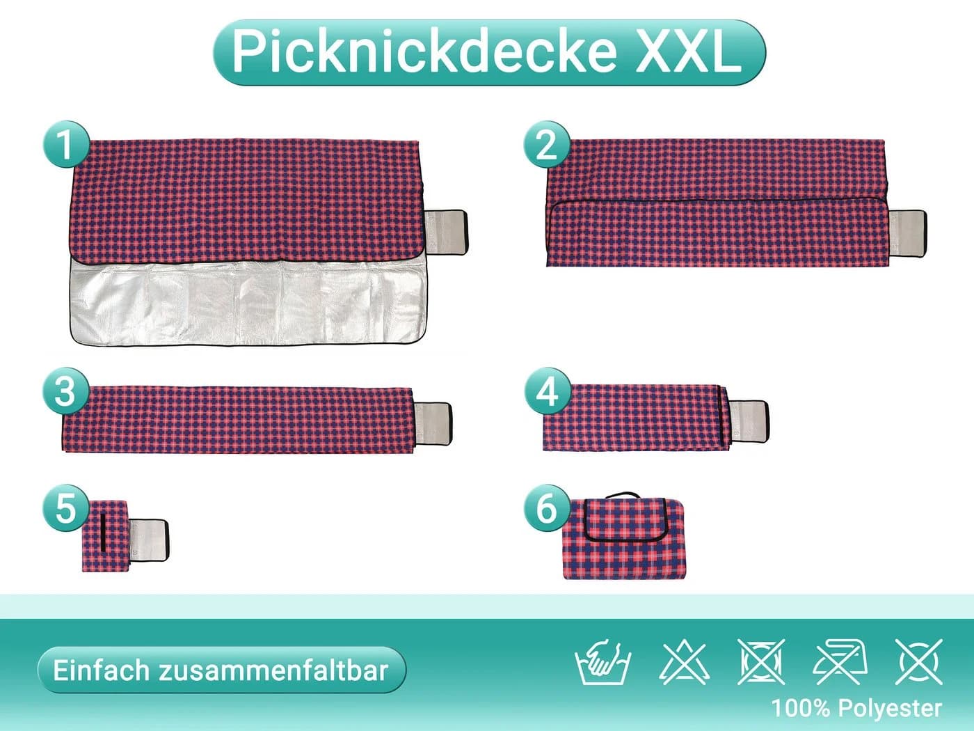 ZOLLNER24 Picknickdecke 200x200 cm Wasserdicht Isolier - Bild 4