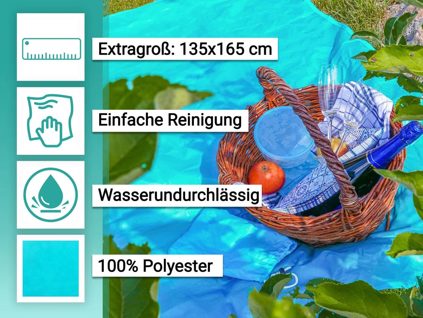 ZOLLNER Picknickdecke wasserabweisend mit Tragetasche türkis