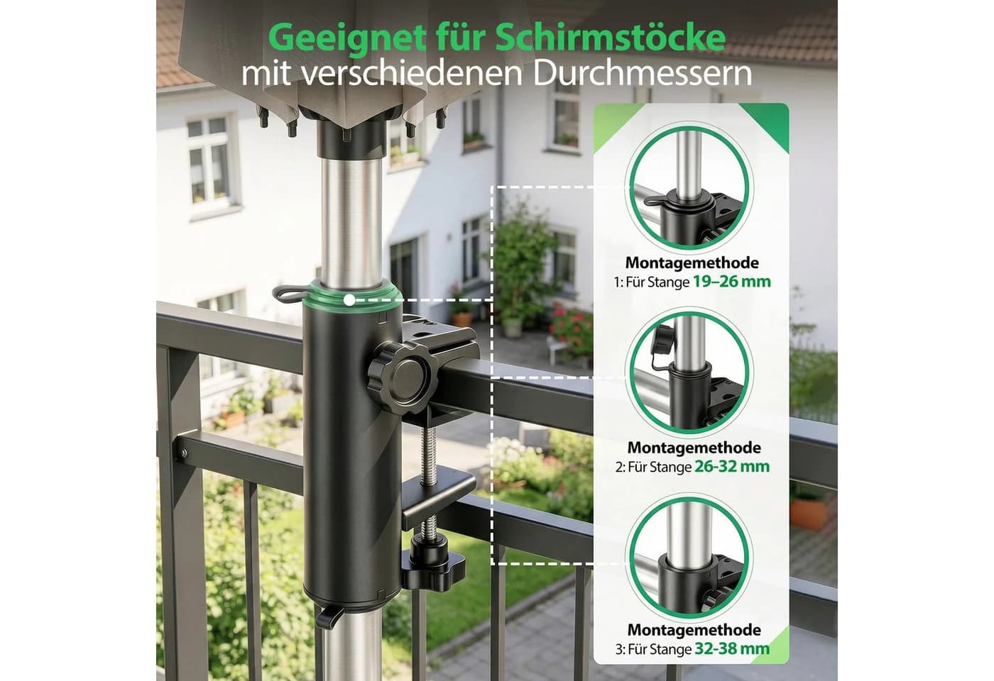 Sekey Balkonklammer Schirmhalter Schwarz für Geländer - Bild 3