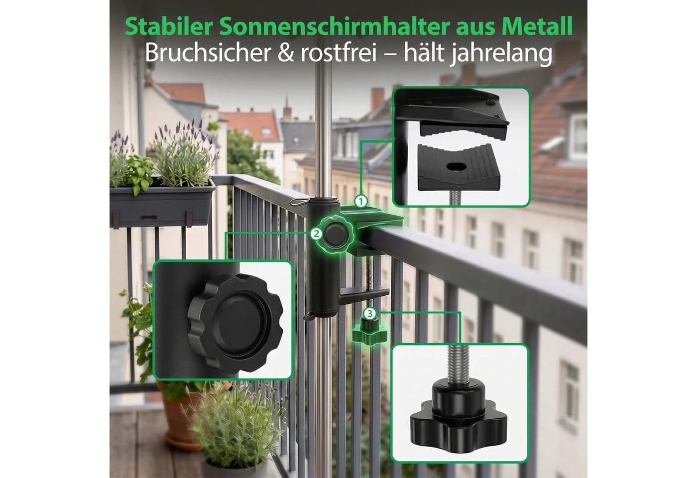 Sekey Balkonklammer Schirmhalter Schwarz für Geländer - Bild 4
