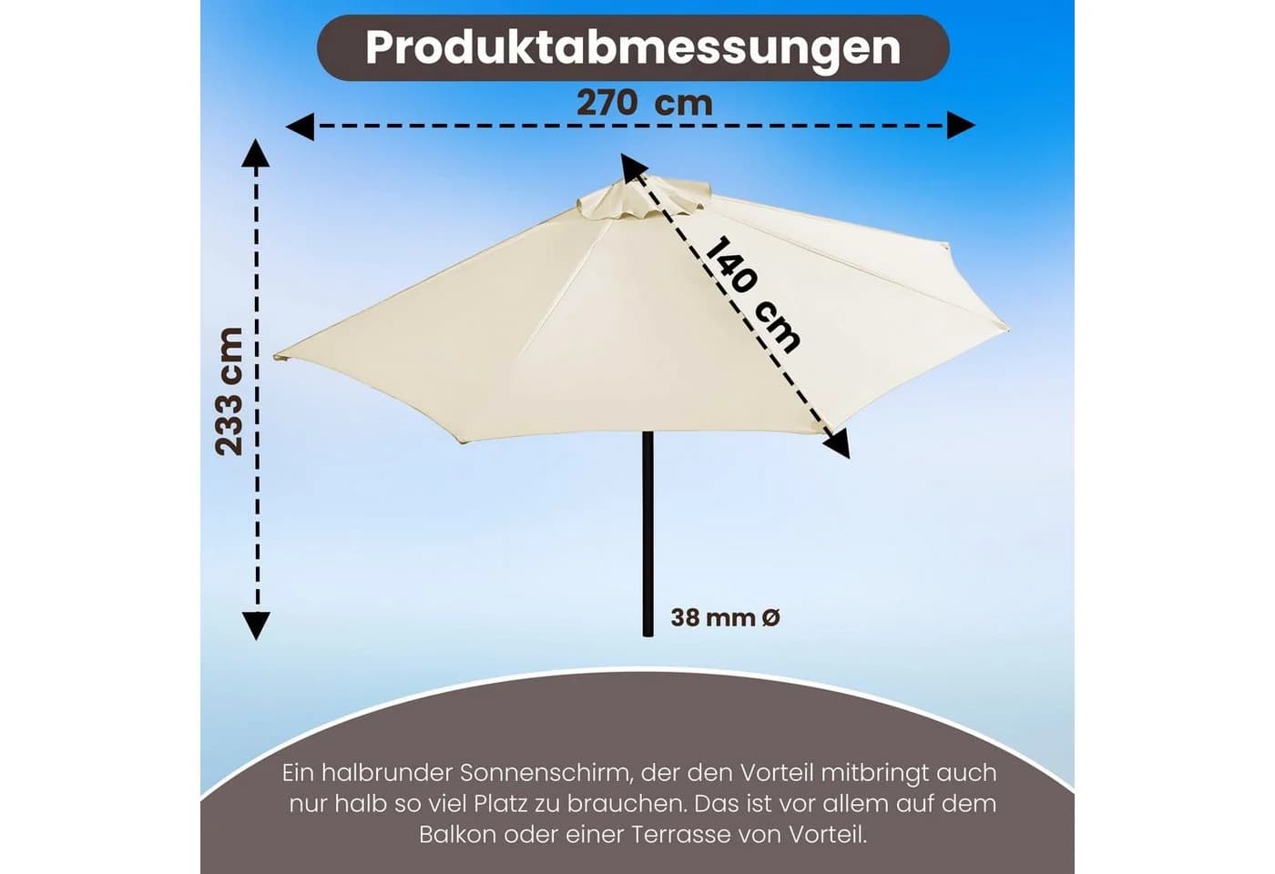 habeig Halbrunder Sonnenschirm Beige Wandschirm für Balkon - Bild 3