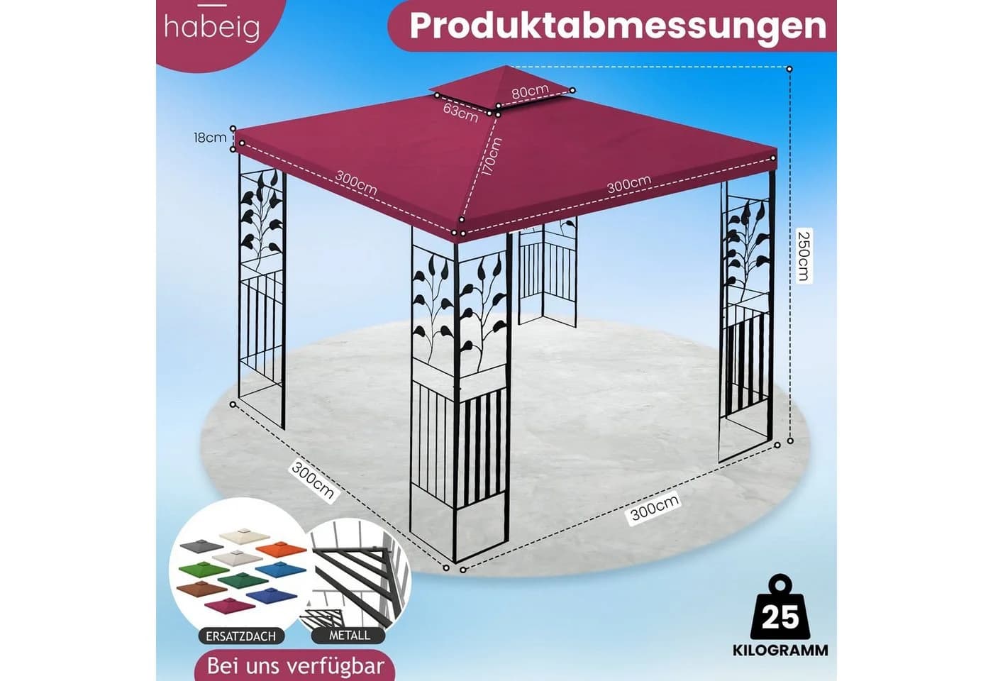 habeig Pavillon Toskana 3x3m 100% Wasserdicht Metall - Bild 3