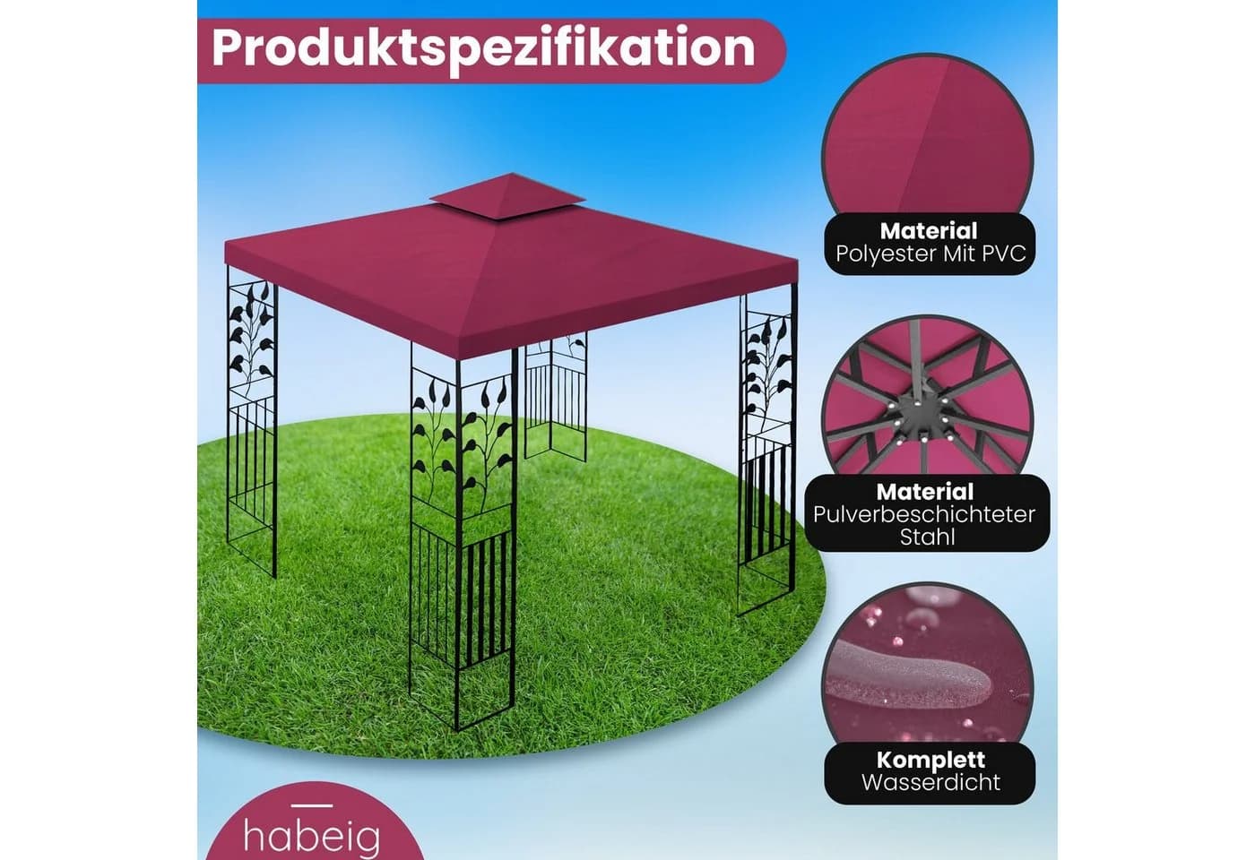 habeig Pavillon Toskana 3x3m 100% Wasserdicht Metall - Bild 5