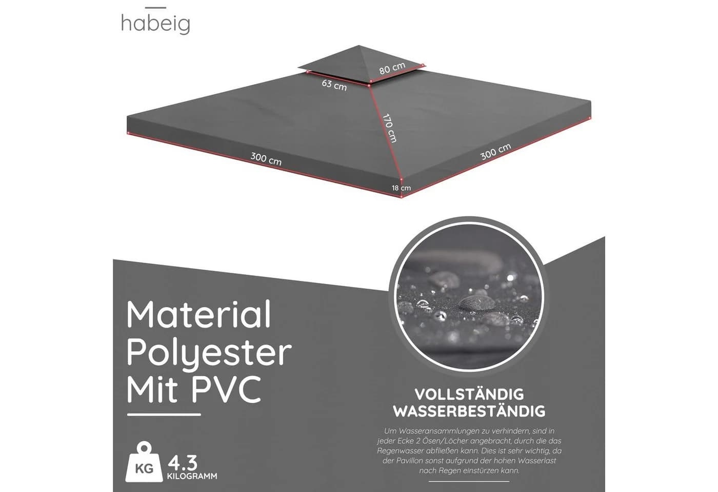 habeig Pavillon-Ersatzdach 3x3m Anthrazit PVC Wasserdicht - Bild 2