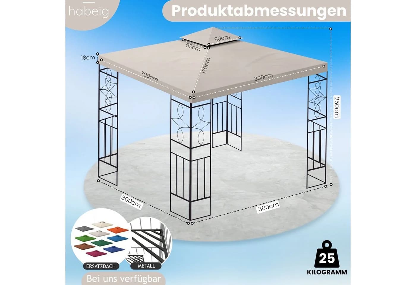 habeig Pavillon Romantika 3x3m Metall wasserdicht Taupe - Bild 4