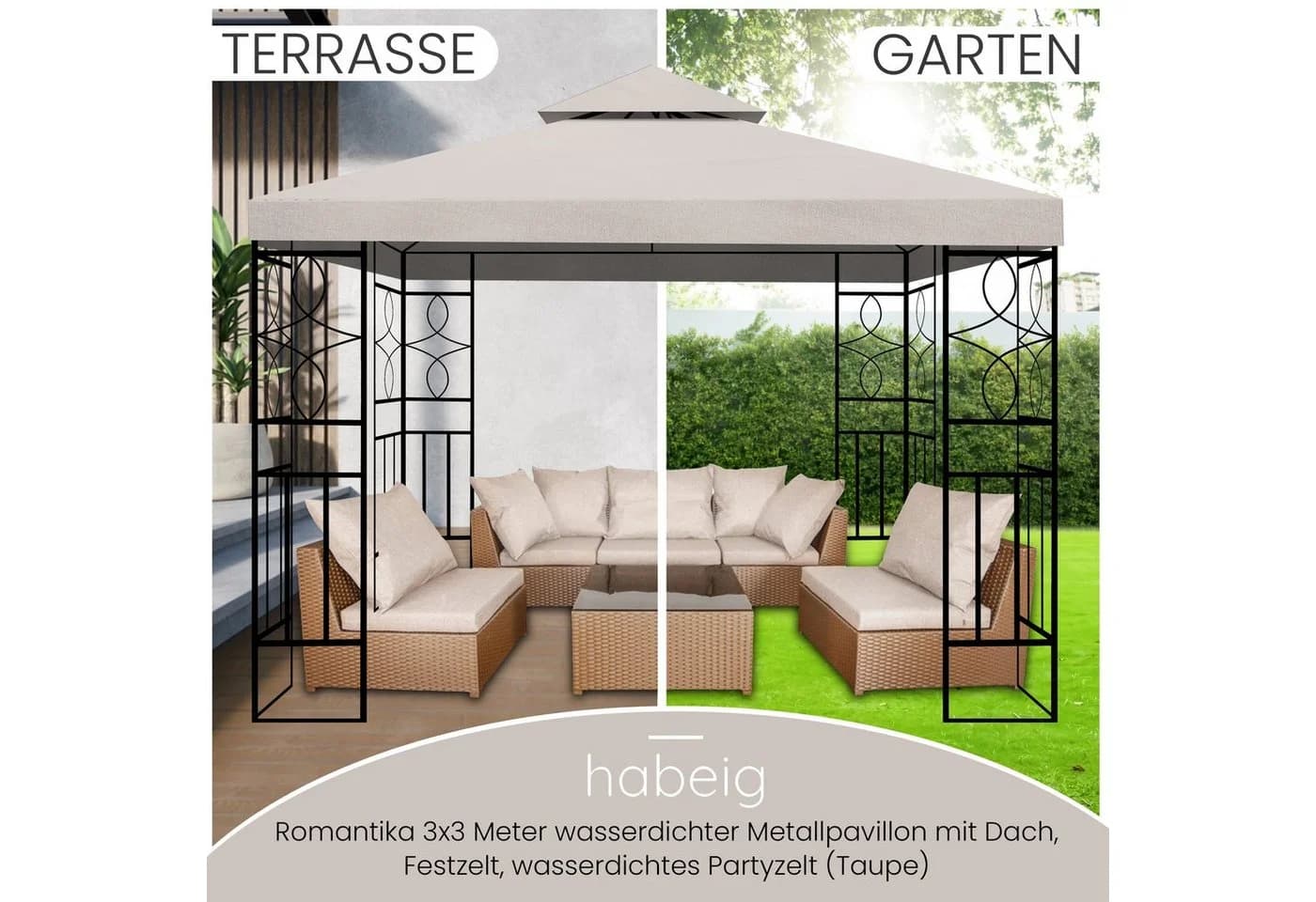 habeig Pavillon Romantika 3x3m Metall wasserdicht Taupe - Bild 5