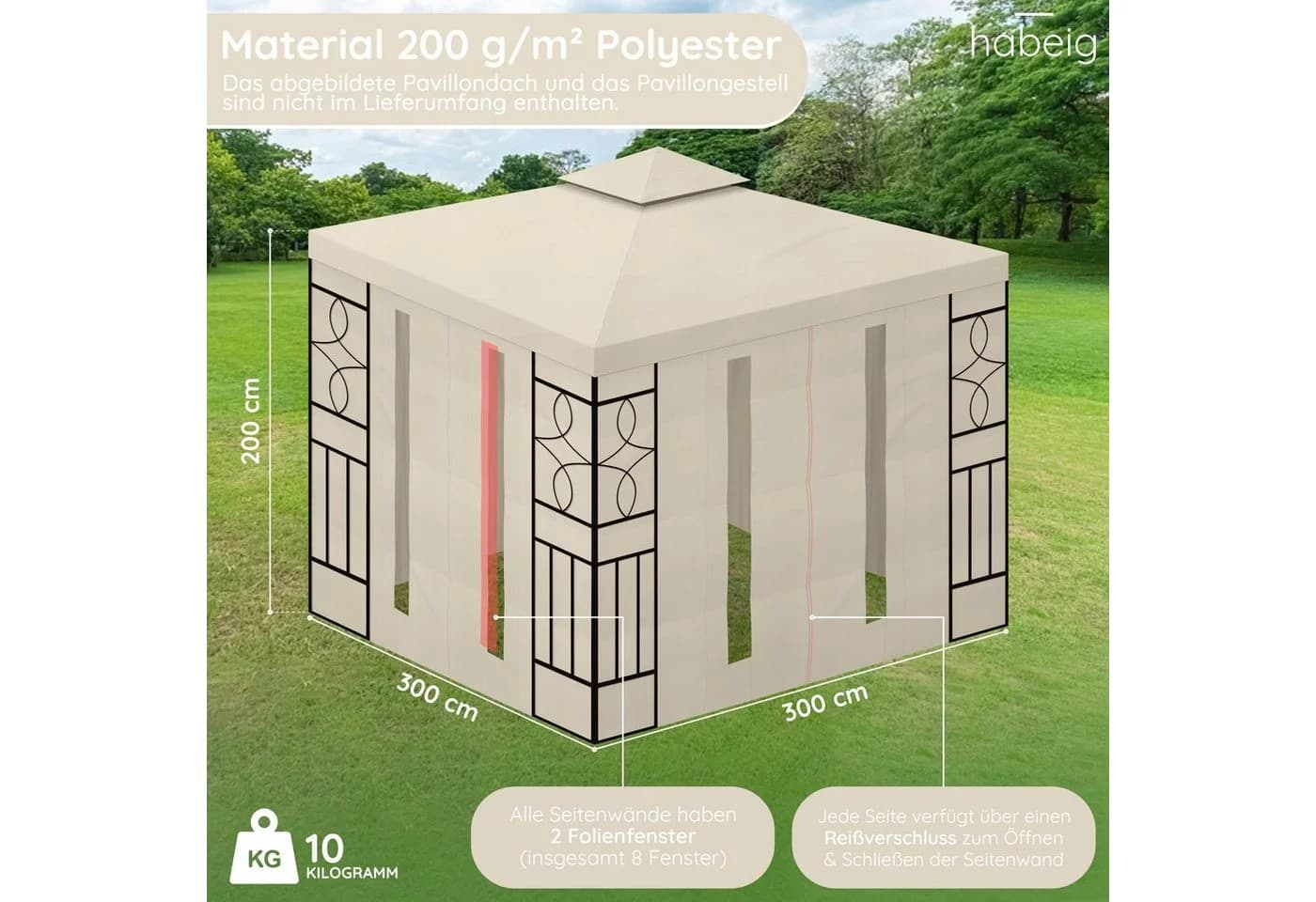 habeig Pavillon-Seitenteil 4er Set Beige mit Reißverschluss & Fenster - Bild 3