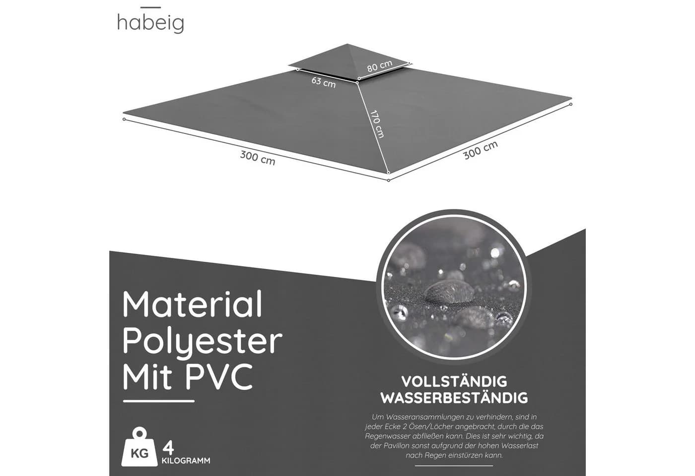 habeig Pavillon-Ersatzdach Anthrazit PVC Wasserdicht 300x300cm