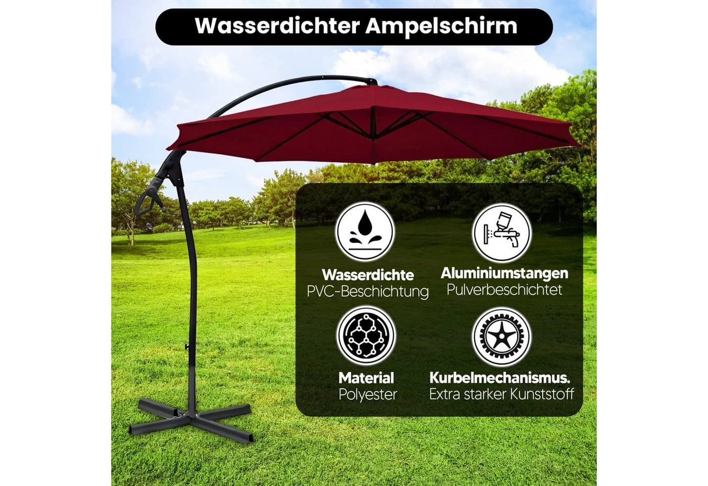 habeig Ampelschirm 3m Wasserdicht PVC Bordeaux - Bild 4