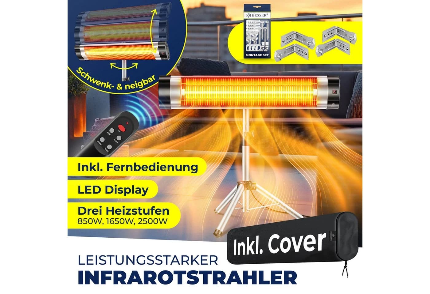 KESSER Infrarotstrahler 2500W mit Stativ und Fernbedienung