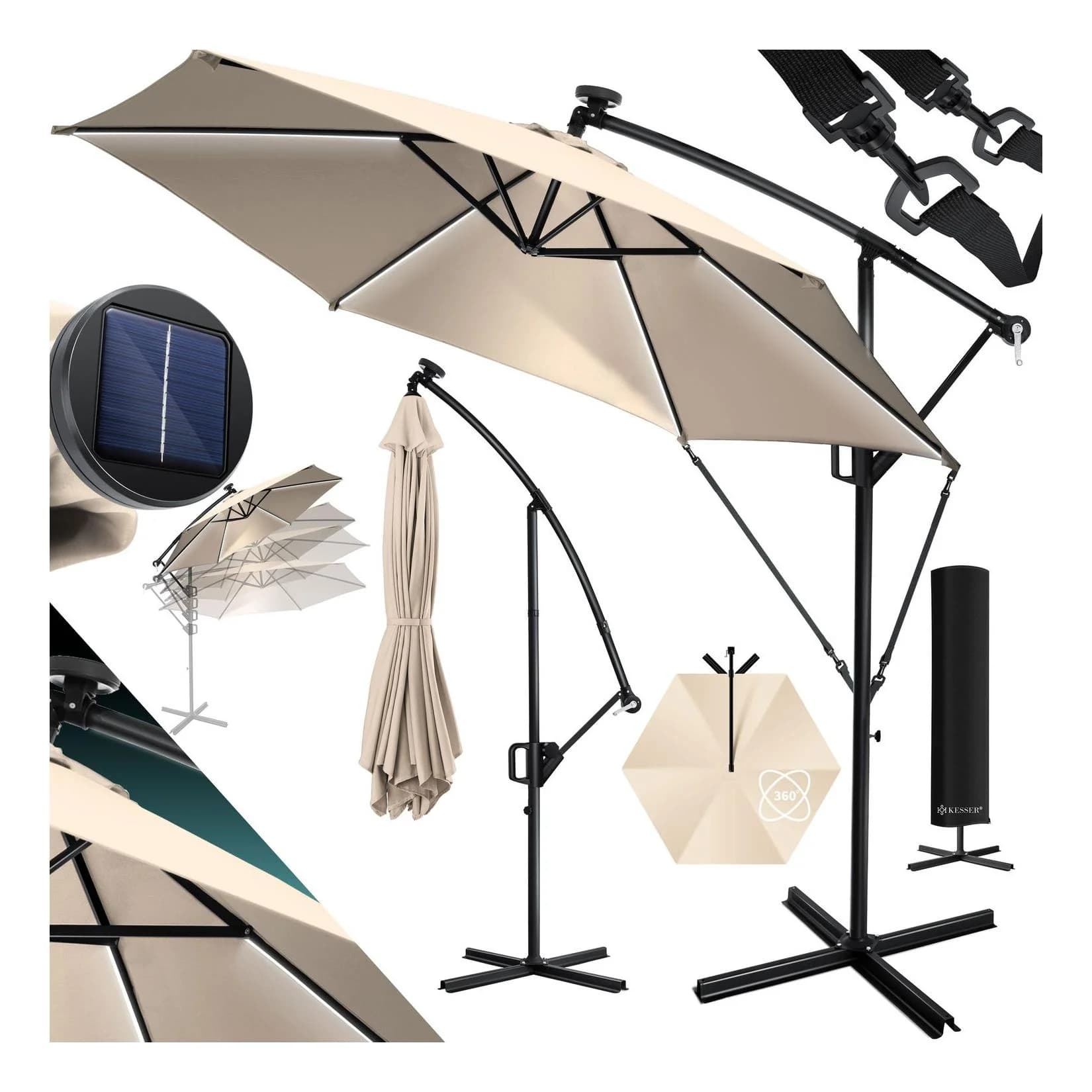 KESSER Ampelschirm Beige mit LED Solar & Kurbel
