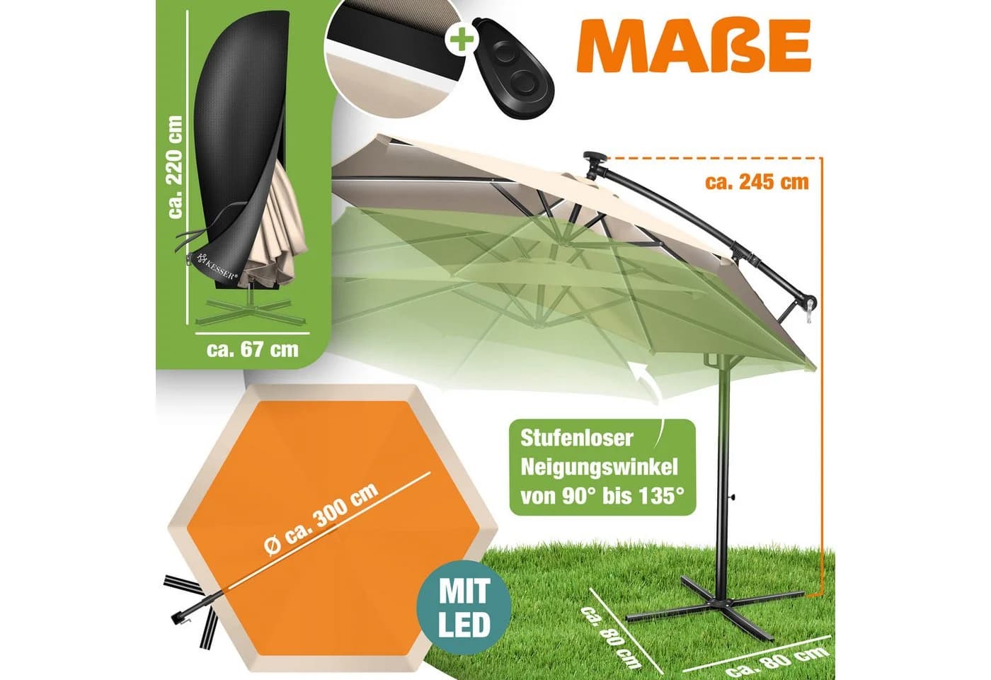 KESSER Ampelschirm Beige mit LED Solar & Kurbel - Bild 2