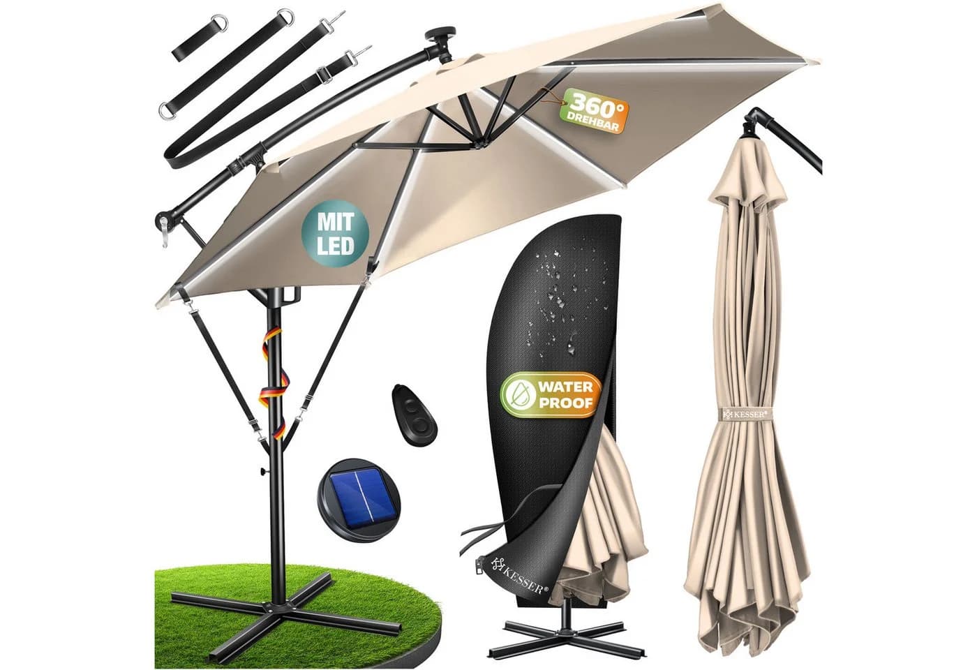 KESSER Ampelschirm Beige mit LED Solar & Kurbel - Bild 3
