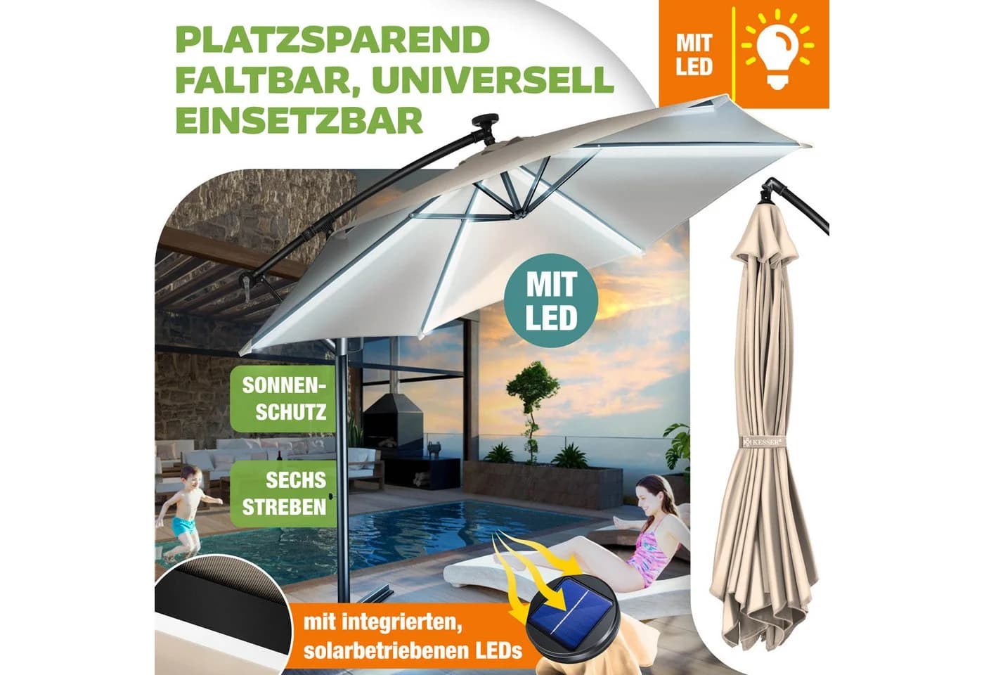 KESSER Ampelschirm Beige mit LED Solar & Kurbel - Bild 5